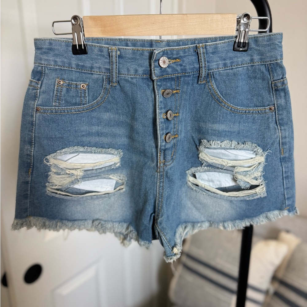 Blue Distressed High-Waisted Jean Shorts